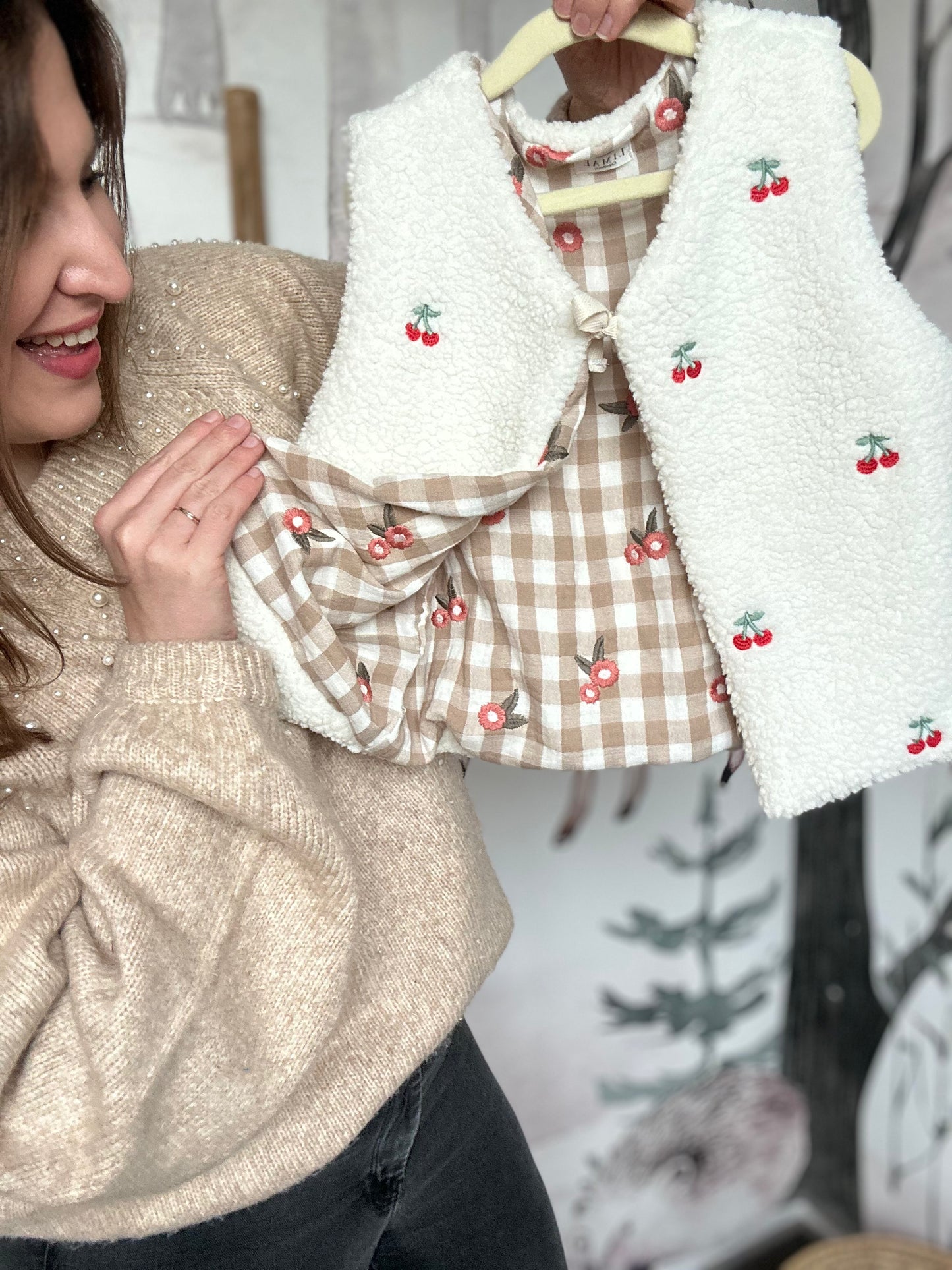 Gilet de berger collection vichy beige brodé