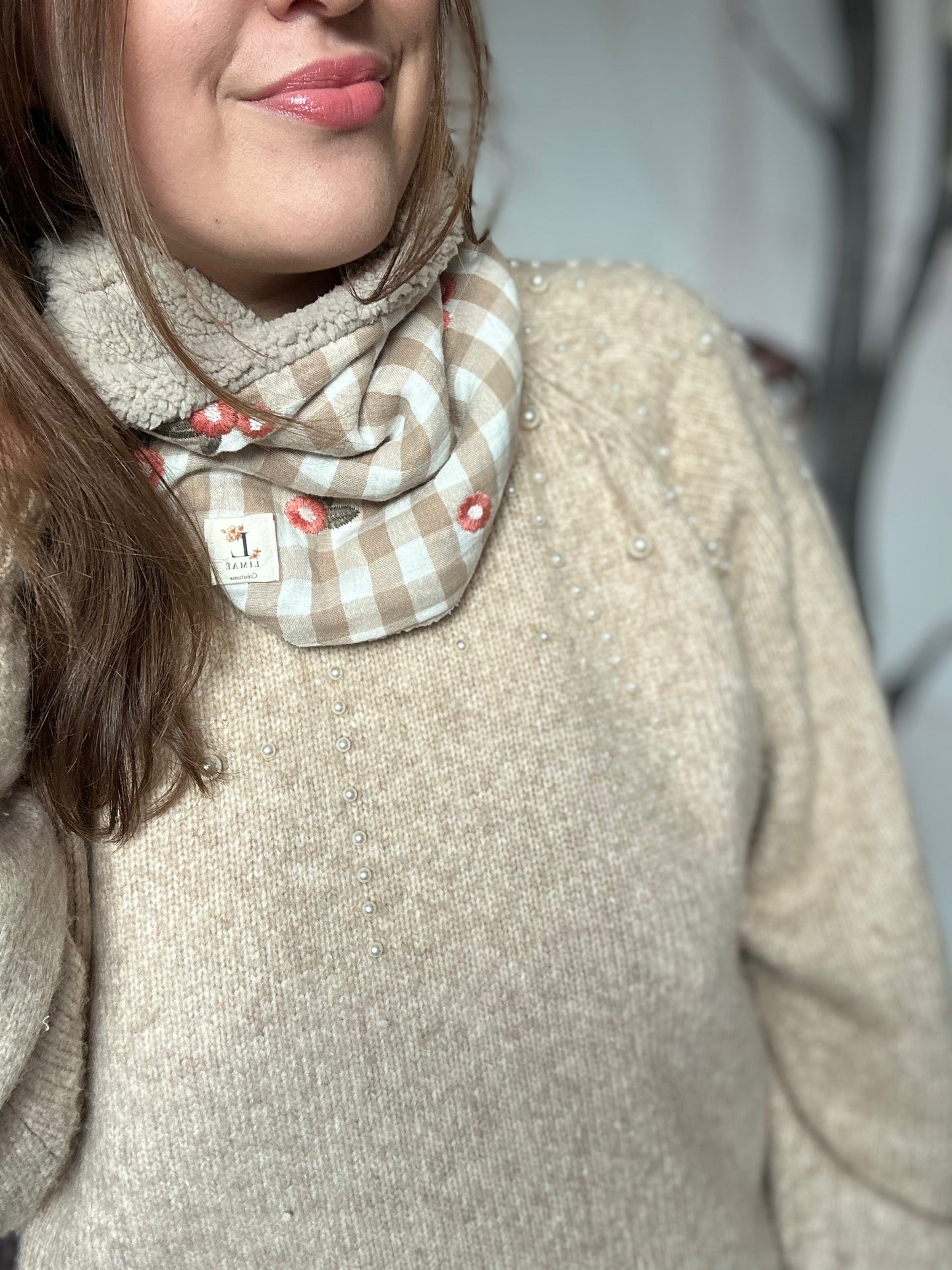 Snood collection vichy beige brodé